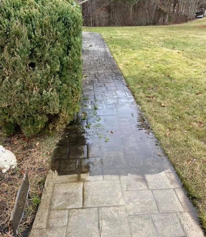 Stone walkway power washing in progress — dramatic before and after